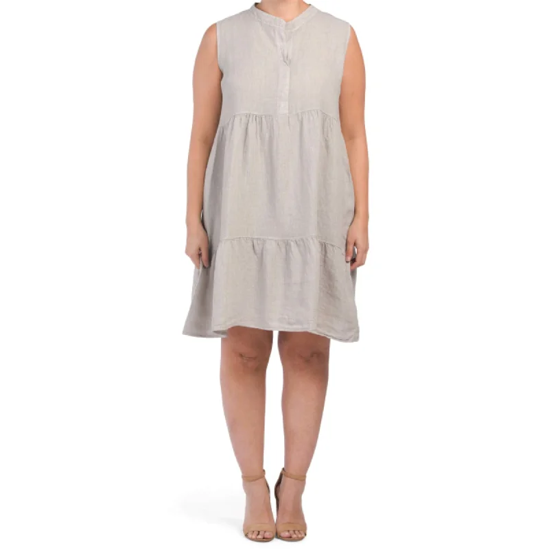 Women's midi dress brisk chic -BELLAMBRA Women's Plus Made In Italy Linen Split Neck Tiered Midi Dress