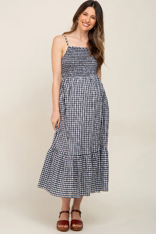 Women's midi dress roam flair -Black Gingham Smocked Maternity Midi Dress