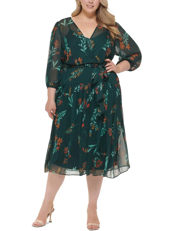 Women's flare dress gradient -Plus Womens Chiffon Floral Fit & Flare Dress