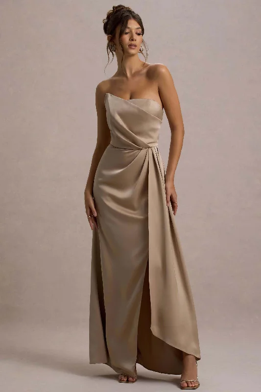 ladies-maxi-dress-crimson-cool-Cairo | Champagne Satin Strapless Draped Maxi Dress