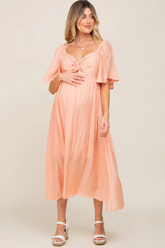 Women's midi dress wide chic -Peach Front Tie Ruffle Sleeve Maternity Midi Dress