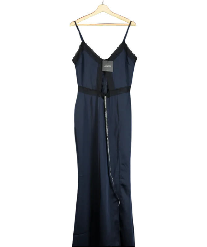 ladies-maxi-dress-ochre-opulence-Club L Blue Navy Satin Cut-out Maxi Dress With Lace Trim UK 12