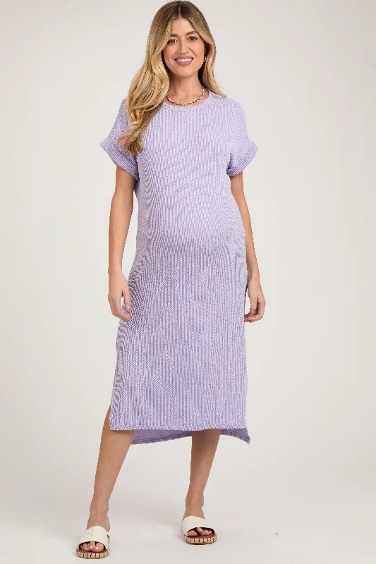 Women's midi dress yes pop -Lavender Ribbed Short Sleeve Maternity Midi Dress