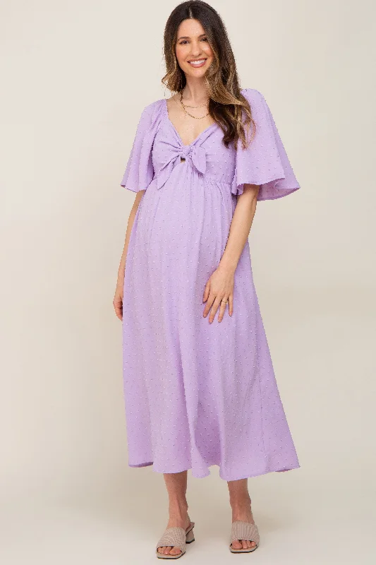 Women's midi dress plush chic -Lavender Textured Dot Front Tie Ruffle Sleeve Maternity Midi Dress