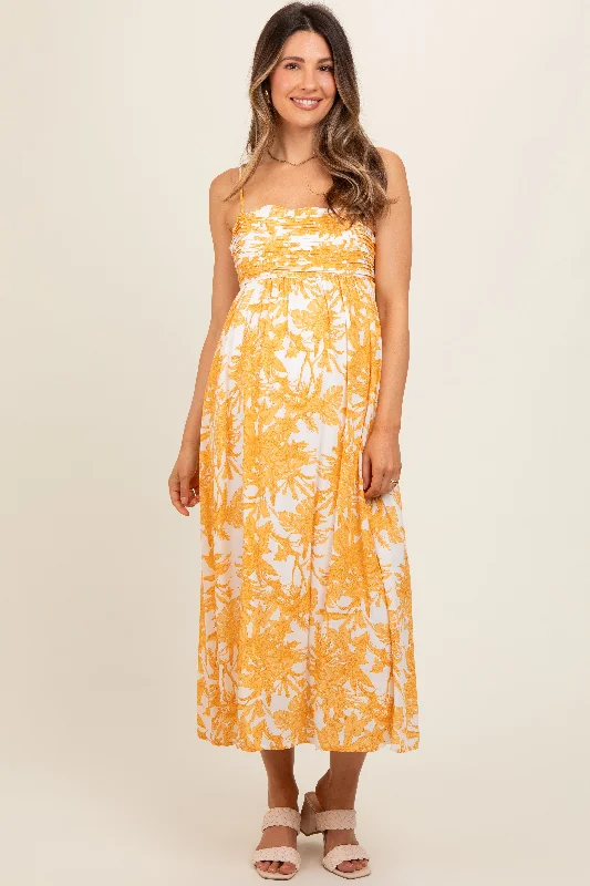 Women's midi dress boom flair -Yellow Floral Pleated Front Back Cut-Out Maternity Midi Dress