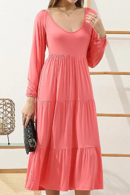 ladies-maxi-dress-structured-silk-ROUND NECK TIRED CASUAL RUFFLE MAXI SOLID DRESS