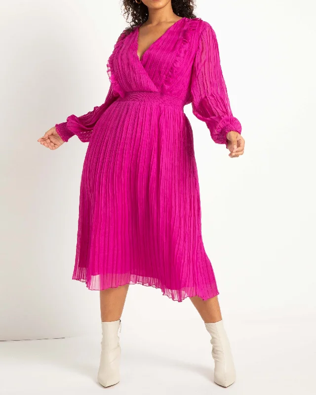 Women's midi dress warm glow -Ella Pleated Power Midi Dress | Magenta