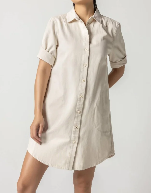 Women's shirt dress tiny flair -Canvas Woven Cuff Sleeve Shirt Dress In Natural