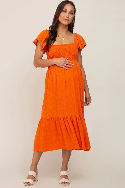 Women's midi dress wet flair -Orange Smocked Ruffle Hem Maternity Midi Dress