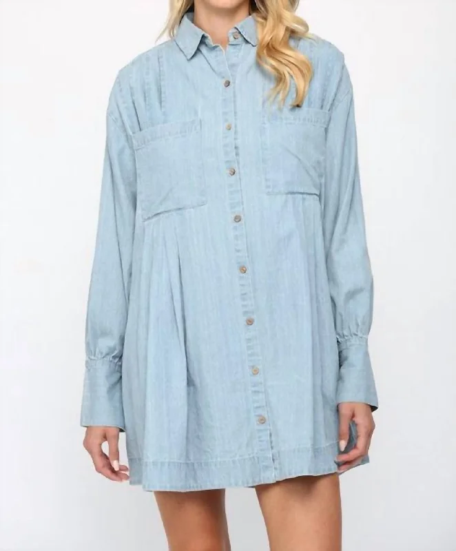 Women's shirt dress bronze chic -Rhett Chambray Shirt Dress in Light Denim