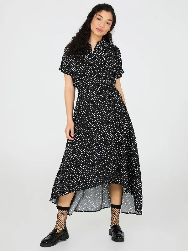 ladies-maxi-dress-romantic-ripple-Dot Print High-Low Maxi Shirt Dress