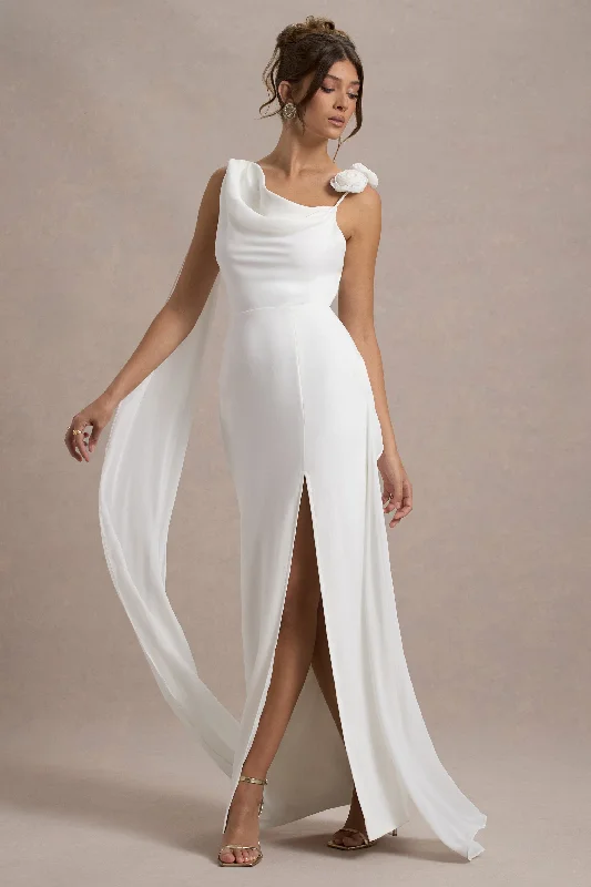 ladies-maxi-dress-day-to-dusk-Angeline | White Chiffon Draped Split Maxi Dress With Corsages