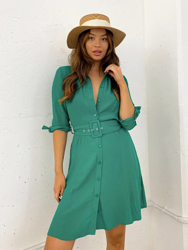 ladies-mini-dress-v-neck-vibe-Olivia Mini Belted Shirt Dress / Green