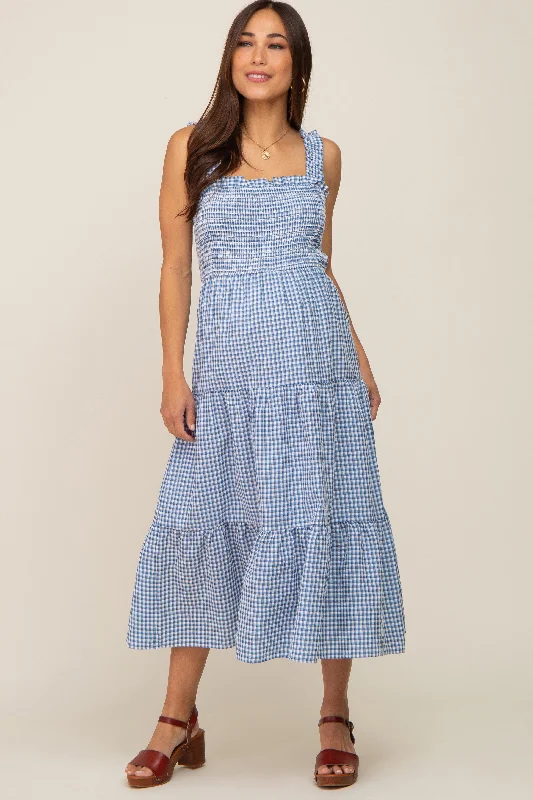 Women's midi dress shine pop -Blue Gingham Smocked Tiered Maternity Midi Dress