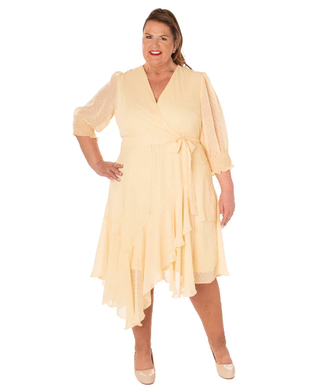 Women's midi dress snug glow -Joanna Ruffled Midi Wrap Dress | Yellow