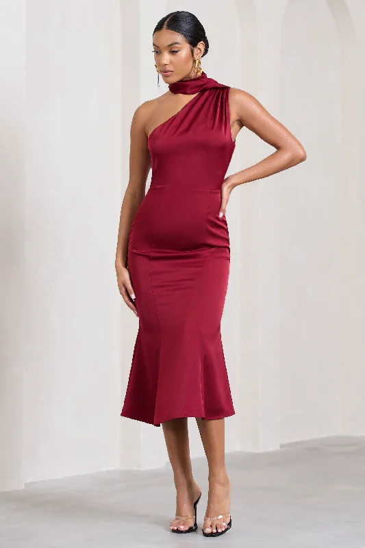 Women's flare dress soft fabric -Golden Girl | Burgundy Satin One Shoulder High-Neck Flared Midi Dress