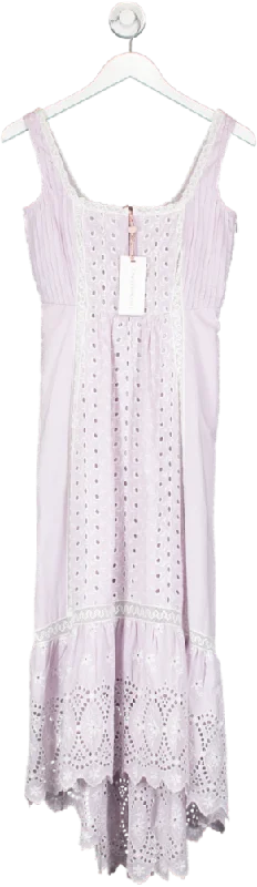 Women's midi dress 80s flair -loveshackfancy lilac crochet-trimmed broderie anglaise midi dress UK XXS