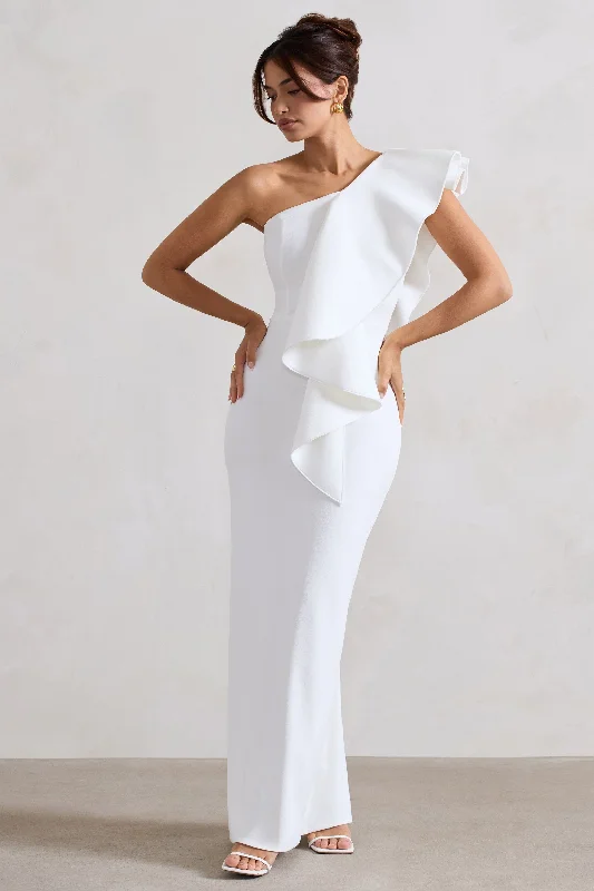 ladies-maxi-dress-fresh-fable-Timeless Love | White Asymmetric Draped Ruffle Maxi Dress