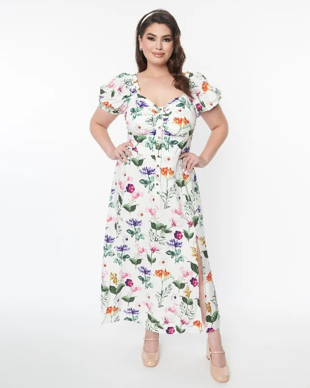 Women's midi dress thread flair -Unique Vintage White & Multicolor Floral Midi Dress | White, Floral