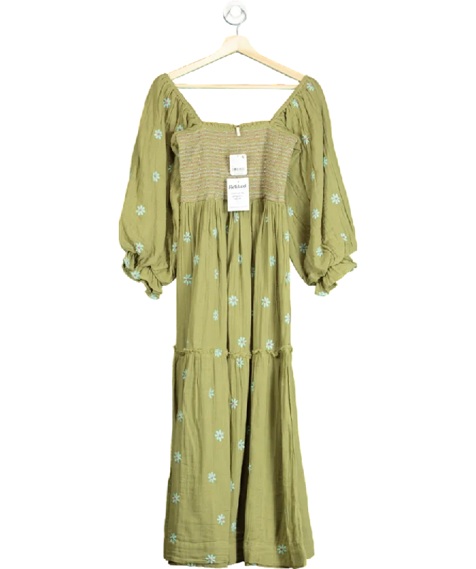 ladies-maxi-dress-lightweight-lift-Free People Green Dahlia Embroidered Maxi Dress UK XS