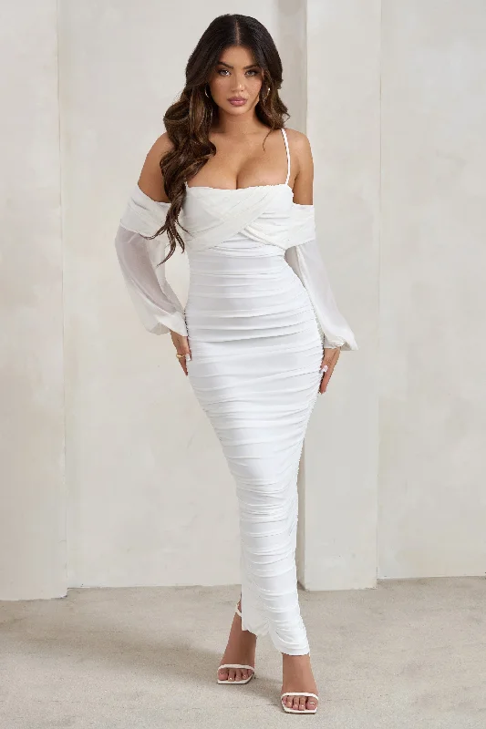 ladies-maxi-dress-luxe-lush-Announcement | White Bardot Mesh Ruched Maxi Dress