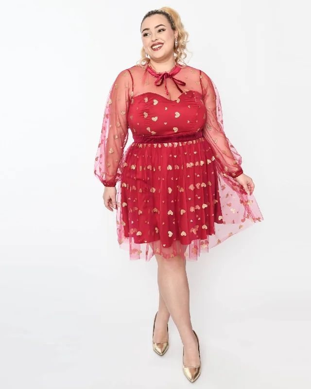 Women's flare dress beaded -Unique Vintage Plus Size Red & Gold Glitter Heart Flare Dress | Red