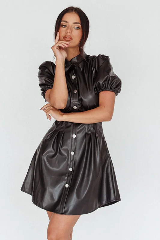 Women's shirt dress eve chic -Zurich Pleated Waist Shirt Dress Faux Leather Black