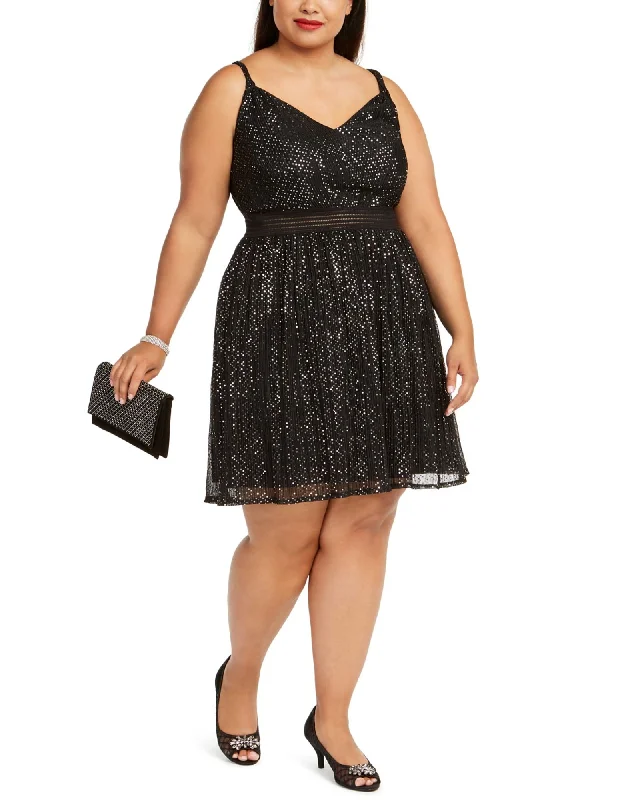 Women's flare dress belted -City Studios Women's Trendy Plus Size Metallic Fit & Flare Dress Silver Size 18 | Silver