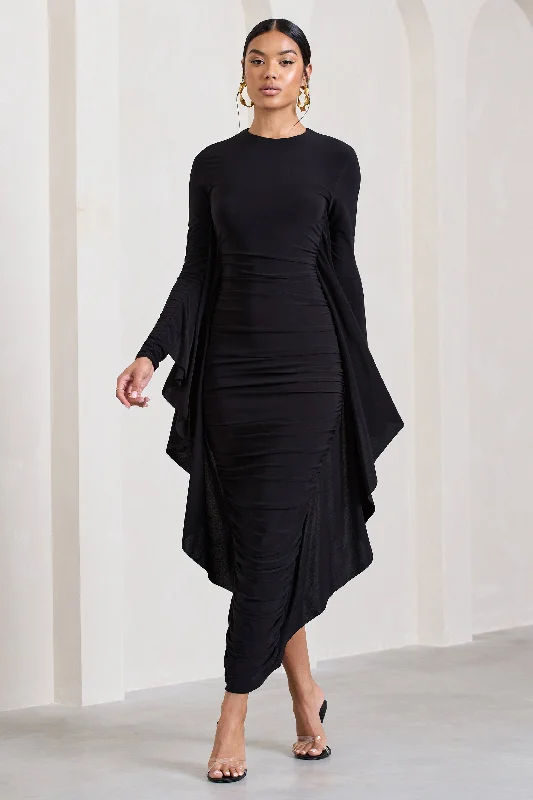 ladies-maxi-dress-yellow-yield-Keva | Black Long Sleeve Ruched Maxi Dress with Cape Detailing