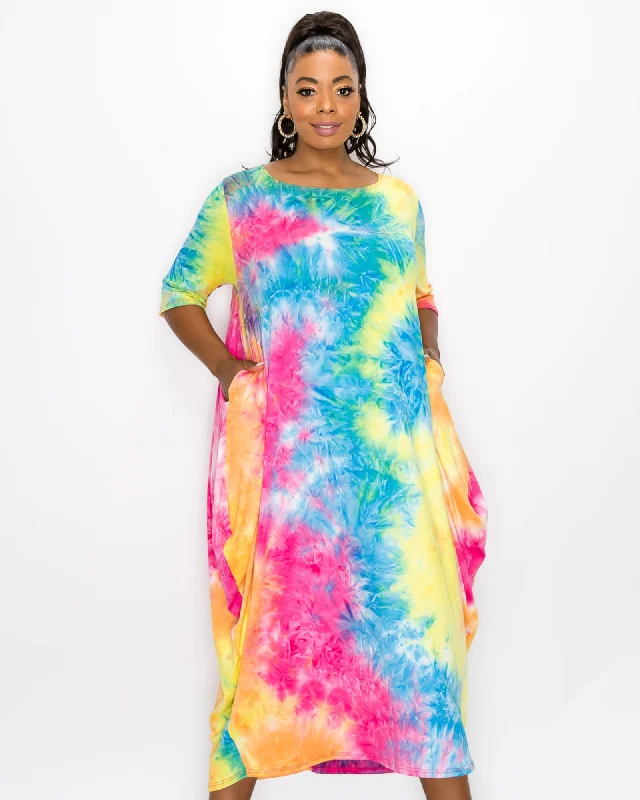 Women's midi dress mute flair -Piper Tie Dye Harem Midi Dress | Turquoise/Hot Pink/Bright Yellow Tie Dye