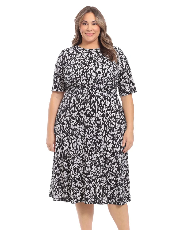 Women's midi dress muse glow -Floral inset waist midi dress | Blk/Ivory