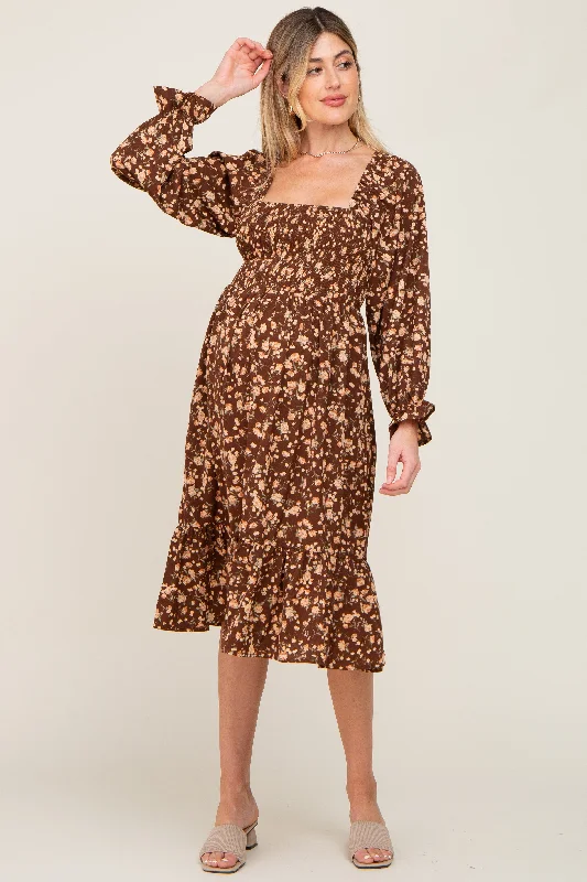 Women's midi dress oak flair -Brown Floral Smocked Long Sleeve Maternity Midi Dress