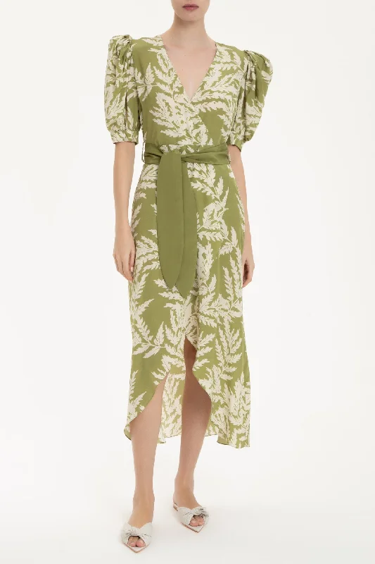 Women's midi dress swish chic -Classic Foliage Silk Midi Dress With Sash