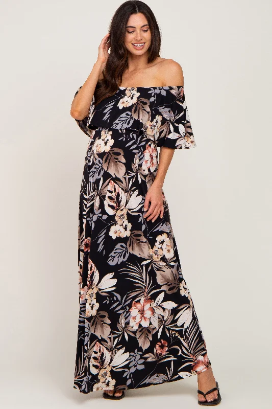 ladies-maxi-dress-heather-hush-Black Floral Flounce Off Shoulder Maternity Maxi Dress