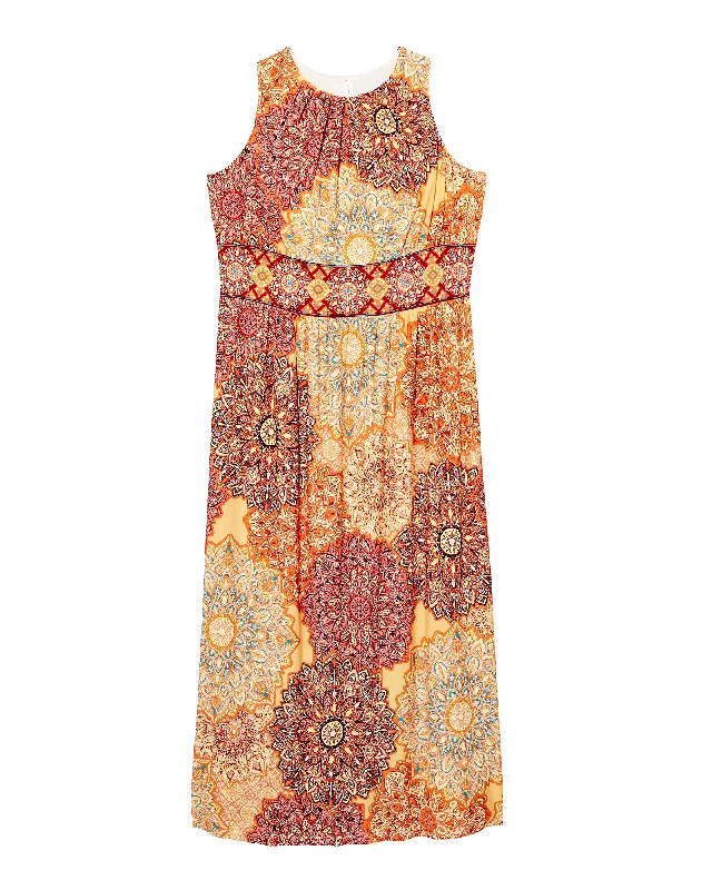 ladies-maxi-dress-sand-sweep-Calista Pleated Neck Maxi Dress | Orange / Brown