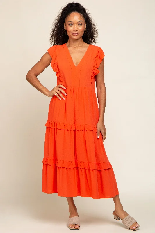 Women's midi dress crisp pop -Orange Ruffle Accent Tiered Midi Dress