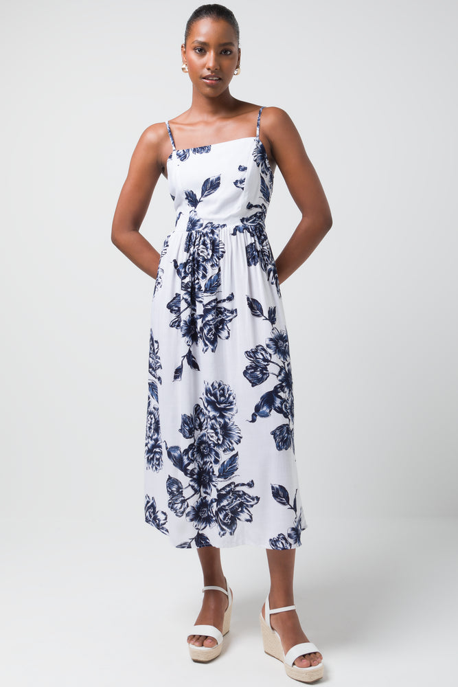 Women's midi dress thread flair -Strappy Midi Dress Blue & White