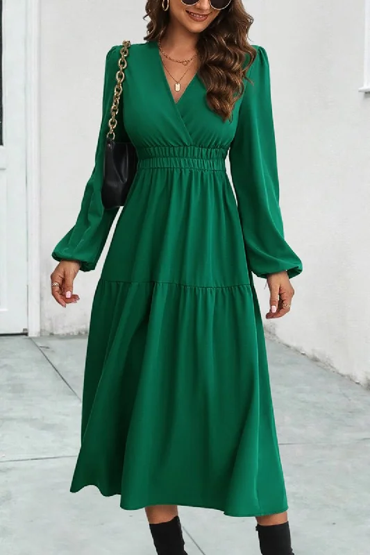 ladies-maxi-dress-seasonal-silk-WOMEN ELASTIC WAIST V NECK LONG SLEEVE MAXI DRESS