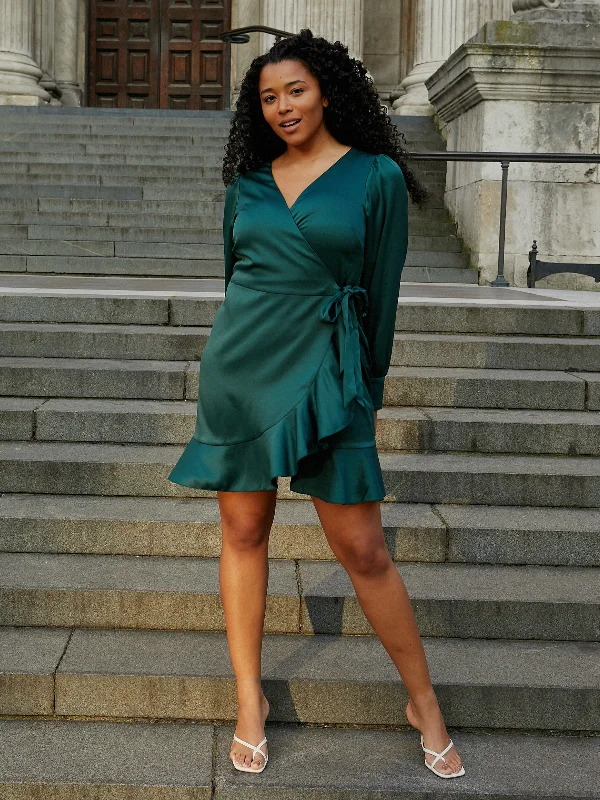 ladies-mini-dress-lapis-lift-Bobbi Wrap Satin Mini Dress / Forest Green