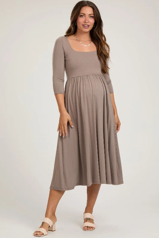 Women's midi dress rust flair -Mocha Square Neck 3/4 Sleeve Maternity Midi Dress