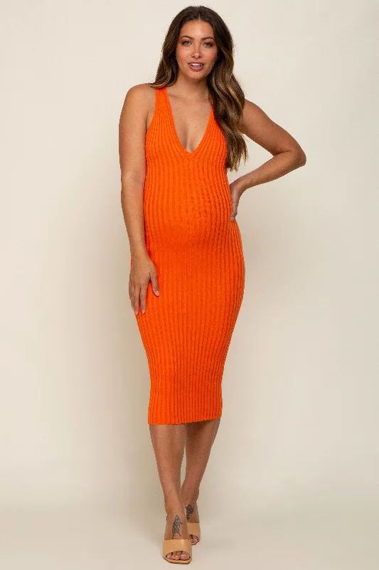 Women's midi dress luxe chic -Orange Ribbed Knit Fitted V-Neck Maternity Midi Dress