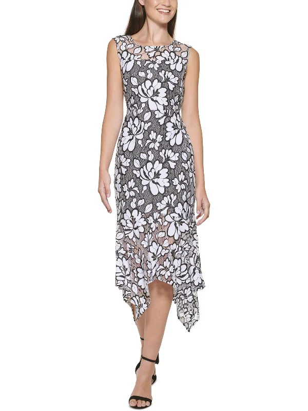 Women's flare dress keyhole -Womens Floral Netted Midi Fit & Flare Dress