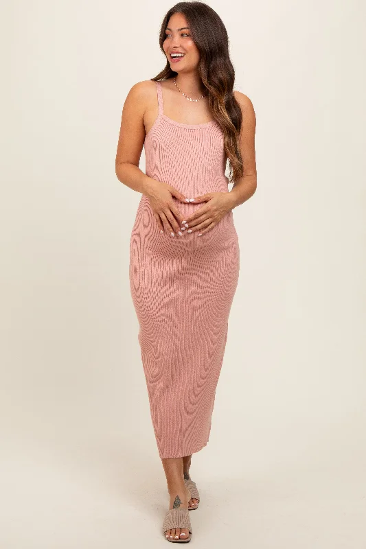 Women's midi dress mid chic -Mauve Knit Open Tie Back Maternity Midi Dress