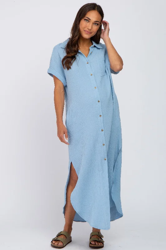 Women's midi dress rare flair -Light Blue Button Down Maternity Midi Dress