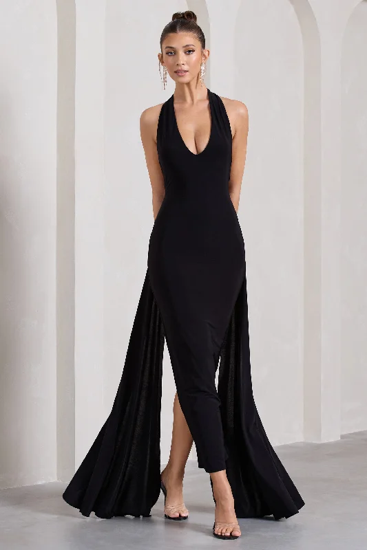 ladies-maxi-dress-sepia-sweep-Veronica | Black Plunge Sleeveless Open-Back Maxi Dress With Drape Detail