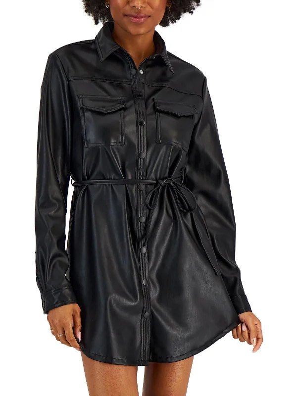 Women's shirt dress yes flair -Womens Faux Leather Snap Front Shirtdress