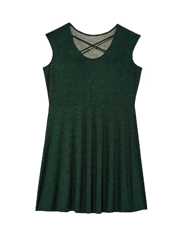 Women's flare dress festival -Ceram Criss-Cross Neck Fit and Flare Dress | Forest Green / Black