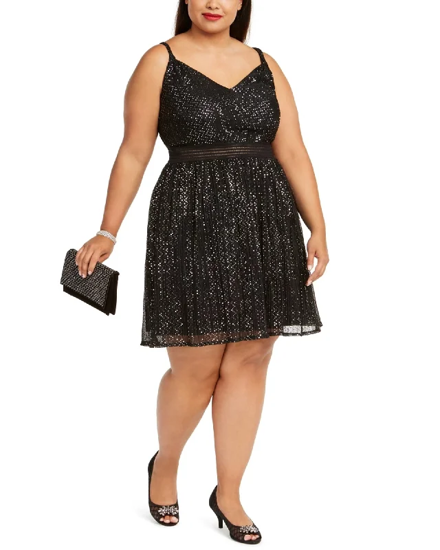 Women's flare dress futuristic -City Studios Women's Trendy Plus Size Metallic Fit & Flare Dress Silver Size 20W | Silver