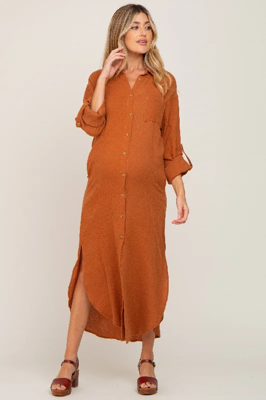 Women's midi dress mute chic -Camel Button Down 3/4 Sleeve Maternity Midi Dress