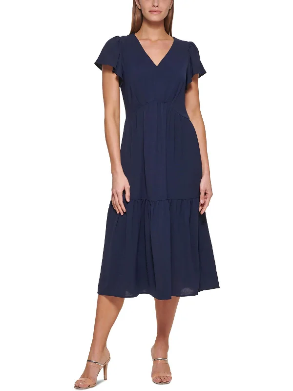 Women's flare dress draped -Womens Crinkle Midi Fit & Flare Dress